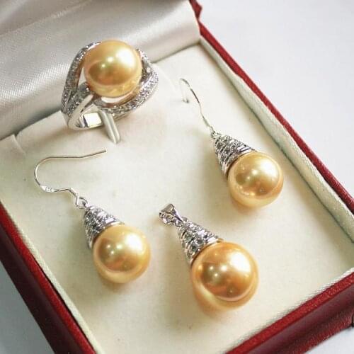 Generious 12mm golden shell pearl pendant, earrings and ring(7-10) fashion jewelry sets for party and valentine