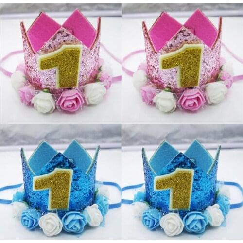 1 pcs Baby 1 st Birthday Caps Flower Crown Birthday Hat Baby shower Birthday Headbrand 1 Year biathday docoration parry
