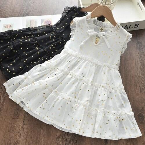 Hibobi Children Girls Sleeveless Bronzing Star Western Style Princess Dress Mesh Lace Dress Print Skirt