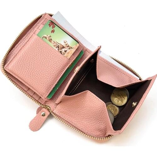 Luufan Genuine Leather Coin Purse Pink Black Short Purse Genuine Leather Zipper Wallet For Coins Cards Pocket Wallet Men Women