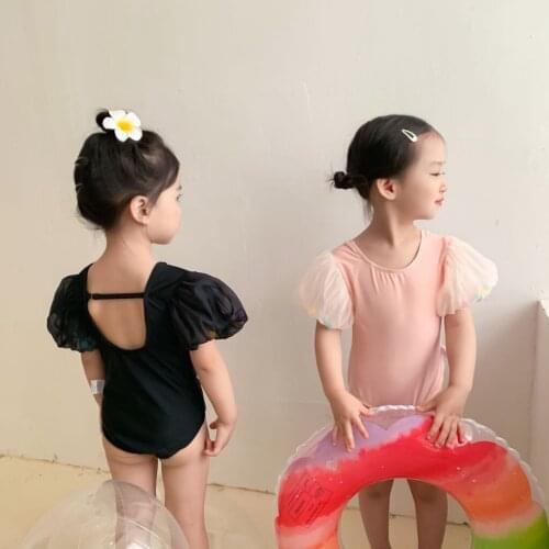 Summer Baby Girls Cute Puff Sleeve Solid Princess Swimwear