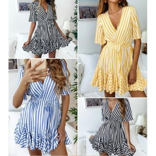 Echoine Striped Print Short Sleeve V-neck Mini Dress Drawsting Stretch Waist Elegant Dresses Summer Pleated Ruffle Sundress Robe