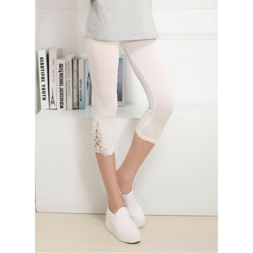 Modal sexy lace hollow seven-point leggings womens summer high-waist elastic elastic band leggings pleated slim leggings /F