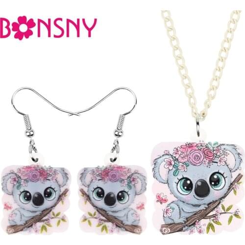 Bonsny Acrylic Squre Cartoon Australian Koala Bear Jewelry Sets Cute Animal Necklace Earrings For Women Kid Gift Charm Accessory