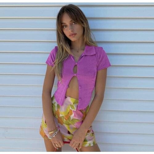 Solid Casual T-Shirt Short Sleeve Slim Tshirt Women Summer Crop Top Vintage Elegant T-Shirt Button Up Turn Down Collar Tee Shirt