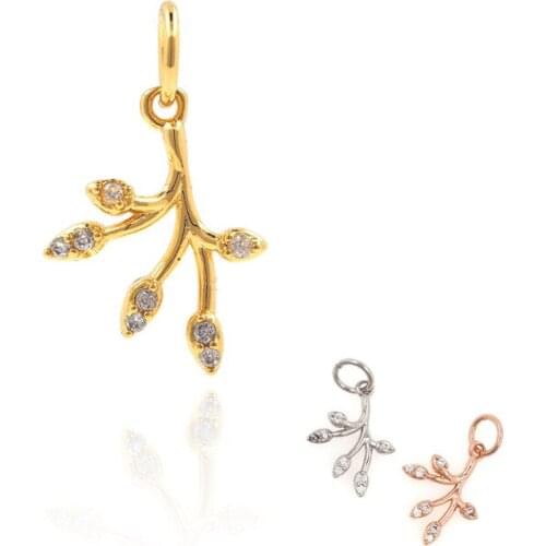 Leaf Pendant, Branch Necklace, Plant Charm, CZ Pavé Pendant, Jewelry Leaf, 17.9x10.4x1.9mm