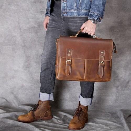 Retro simple mens genuine leather Business briefcase first layer leather laptop bag mens daily brown shoulder messenger bag