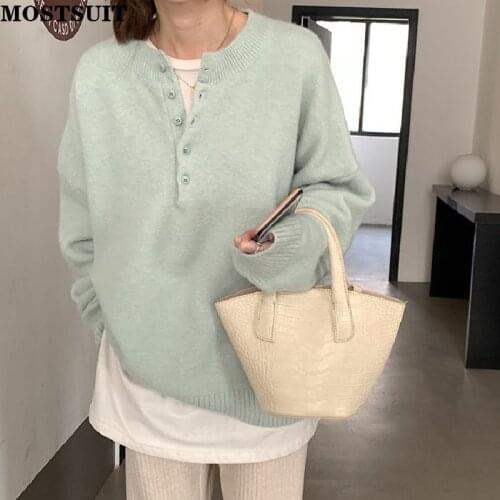 Casual O-neck Single-breasted Female Knitted Sweaters Tops Autumn Soft Warm Loose Women Solid Pullovers Jumpers Knitwear 2021