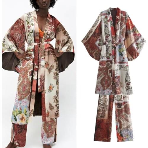 TRAF ZA 2pcs Women Kimono Shirts +Trousers Suit Belt 2021 Summer Full Printed X-Long Blouse Set Female Pants Casual Clothes