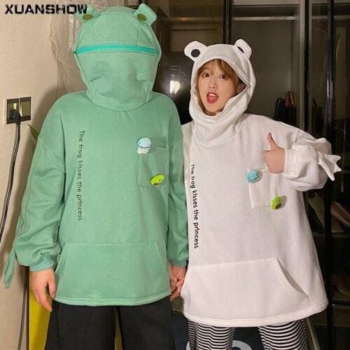 XUANSHOW Korean Style Womens Frog Hoodie Stitching Cute Loose Oversized Design Female Pullover Kawaii Streetwear Hoody Clothes