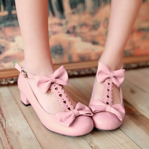 2020 New sweet Lolita bow Women Pumps Low Heel Mary Janes shoes cosplay student girl shoes tide med heels Pink zapatos de mujer