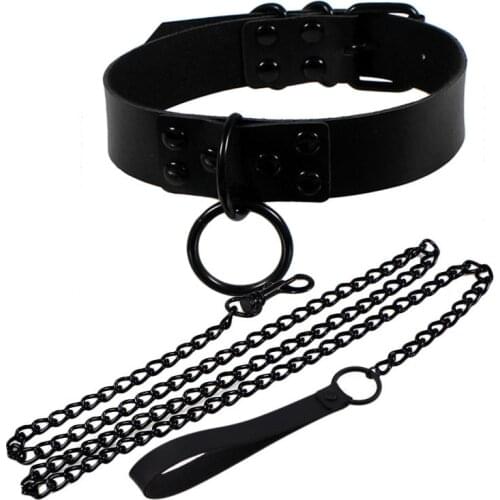 Womens Punk Gothic Leash Collar Black Accessories Sexy PU Leather Slave Collar Traction Rope BDSM Bondage Necklace