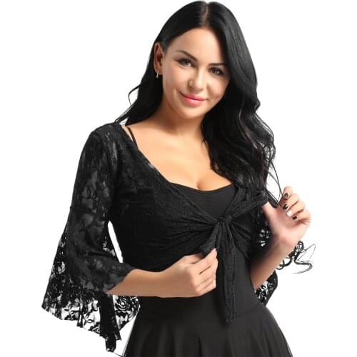 Womens Dance Casual Shrug Top Long Flare Sleeve Belly Dance Lace Tops Fashion Cover Up Open Front Cardigan Wraps Sheer Cover-up