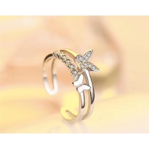 925 Sterling Silver Double Butterfly Crystal Zircon Rings For Women Adjustable Open Ring Girls Gift Fashion Statement Jewelry