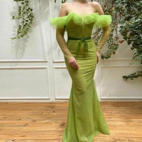 Light Green Shiny Tulle Mermaid Prom Party Dresses Off The Shoulder Full Sleeves Women Dress Birthday Sexy Ruffles Gowns