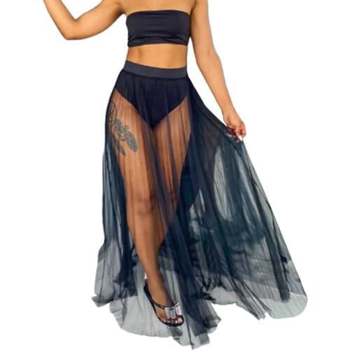 2021 Newest Arrival Women Summer Sexy Swimsuits Sets Strapless Bandeau Tops+Swim Brief+Mesh Pleated Maxi Skirts Beachwear Suits