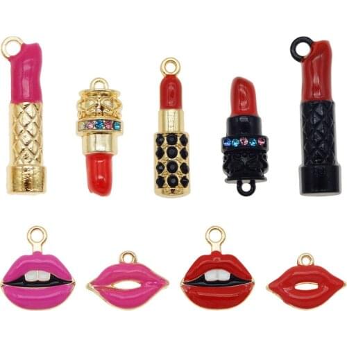 9PCS Alloy Enamel Lipstick Charms Gold Black Mix Sexy Lips Pendant For Women Earrings Bracelet Jewelry Making Accessory