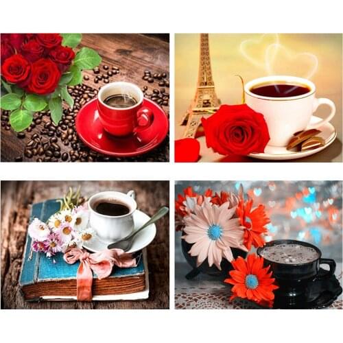 Diamond Embroidery Flowers Picture Rhinestones Diamond Flower Full Square Cross Stitch Kits Coffee Cup Home Decor