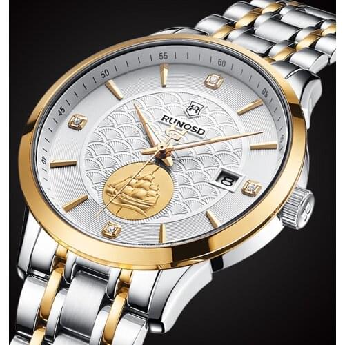 RUNOSD Mens Watch Luxury 18K Gold Sailboat Miyota Mechanical Sapphire Crystal Stainless Steel Butterfly Buckle Strap 8326G