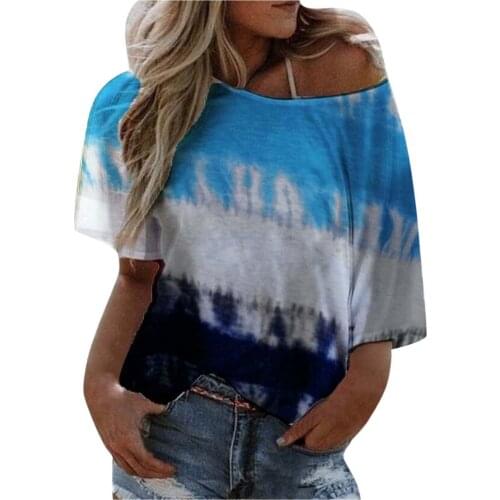 Tie-dye Print T-shirt Womens Summer Large Size Loose-shouldered Tie-dye Top Short Sleeve O-neck Femme T-shirt Camisas Mujer