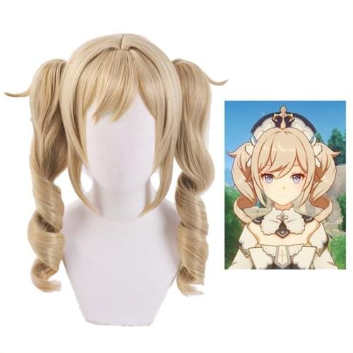 Genshin Impact Barbara Wig Cosplay Blonde Long Curly Twin Ponytails Heat Resistant Hair Adult Halloween Role Play