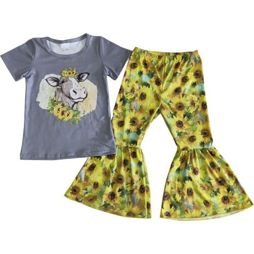 Newborn Infant Baby Clothes Fashion Short Sleeve Grey Bleached Heifer T-shirt+Sunflower Bell Pants Two Pieces Girls Outfits Sets