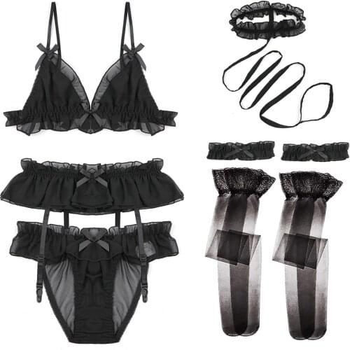 Women Sexy Lingerie lace Bra Set Garter Stocking Choker Collar 6pcs/Lot