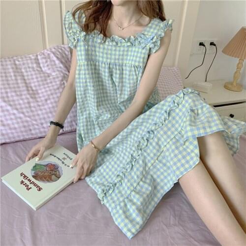 Plaid Print Summer Nightgown Women Korean Long Sleepwear Kawaii Ruffles Loose Homewear Home Clothes Sleeveless Homewear