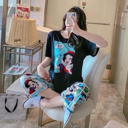 Fashion Pajamas Womens Summer Short Sleeve Trousers Snow White Mickey Cartoon Leisure Home Suit Cartoon Sleepwear Casual Nightw