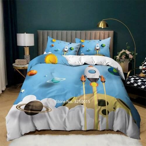 Rocket Bedding Set Cartoon Childrens Room Decorated with 2-3 Pieces of Soft Duffle Covers and Pillowcases for Boys and Girls