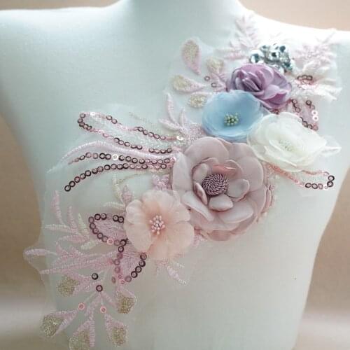 New Colorful Embroidery Applique 3D flower Lace collar DIY Neckline Sequins Sewing Wedding dress Decorate Accessories 1 Piece