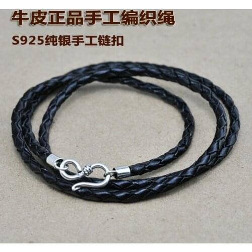 Sterling Silver Buckle Genuine Leather Necklace Black Cattle Rope Sterling Silver Buckle Necklace
