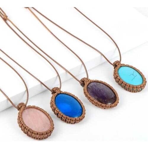 Natural Gem Stone Pendant Necklace For Men Women Braided 4cm Big Oval Pink Crystal Lapis Lazuli Tiger Eye Stone Necklaces
