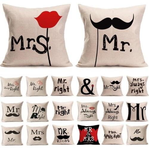 1 Pcs Mr Mrs Letters Pattern Cotton Linen Throw Pillow Cushion Cover Seat Car Home Decoration Sofa Decor Decorative Pillowcase