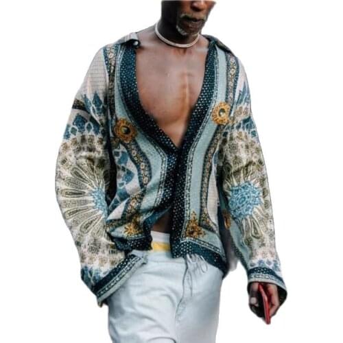 Summer Autumn Man Shirt Mens Ethnic Printed V-Neck Cotton Linen Stripe Short Sleeve Loose Hawaiian Henley Shirt Bohemian Shirt