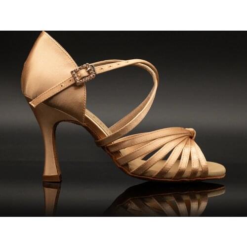 Suphini 【Arya】Champagne Satin 7 Strap Knot 7.5/8.5cm Flare Heel Dance Sandals