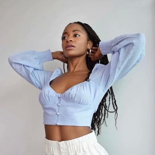 ZXQJ Vintage Women Sexy V Neck Blue Shirts 2021 Summer Fashion Ladies Bomb Slim Tops Casual Fmale Chic Shirt Elegant