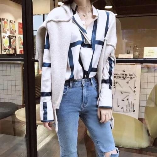 Women Shirt Sweden 2019 Summer Irregular Geometric Pattern Loose Printed Silk Shirt