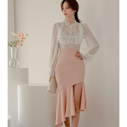 Fashion 2 Piece Set Korean Style Women Long Sleeve Slim Chiffon Stitching Lace Tops + High Waist Ruffle Skirt Suits Spring New