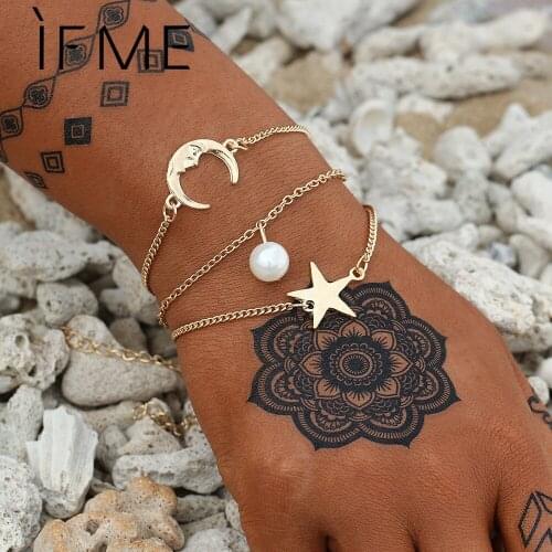 IF ME Vintage Bohemian Geometric Chain Bracelet Set for Women Retro Gold Color Simulated Pearl Star Moon Alloy Metal Jewelry New