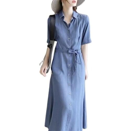Female Age Reduction Belt Comfortable Imitation Tencel Thin Dress 2021 Women Summer New Mid-Length Denim Skirt Shirt Dress A591h