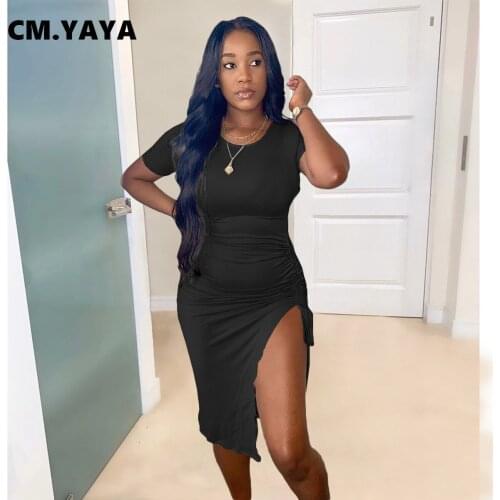 CM.YAYA Women Summer Short Sleeve Drawstring High Side Slit Midi Dress Fashion Streetwear O-neck Slim Dresses Shirring Strechy