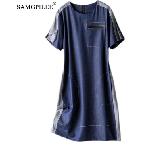 Women Dress 2021 New Elegant Distressed Patch-style O Neck Large Pockets Knee-length Denim Blue Color Summer Dresses Plus Size
