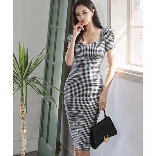 2021summer Korean version slim square collar short sleeve retro plaid dress female bag hip dress