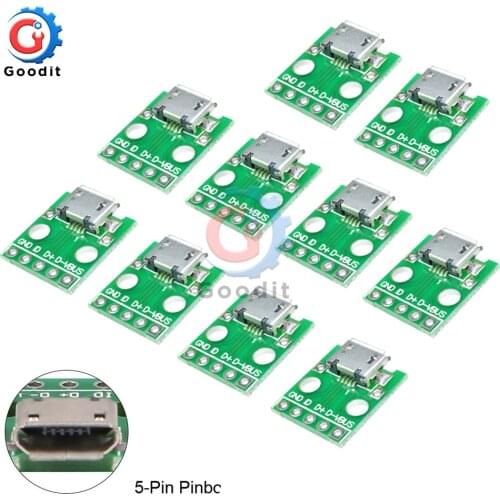 10pcs MICRO USB To DIP Adapter 5pin Female Connector B Type PCB Converter Breadboard USB-01 Switch Board SMT Mother Seat