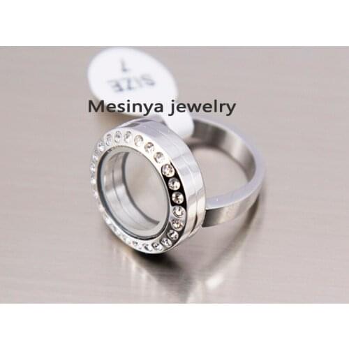 10pcs US size 6 7 8 9 10 Czech Crystal Magnet Stainless Steel Glass Locket Ring For Custom Floating Charms With No Charms