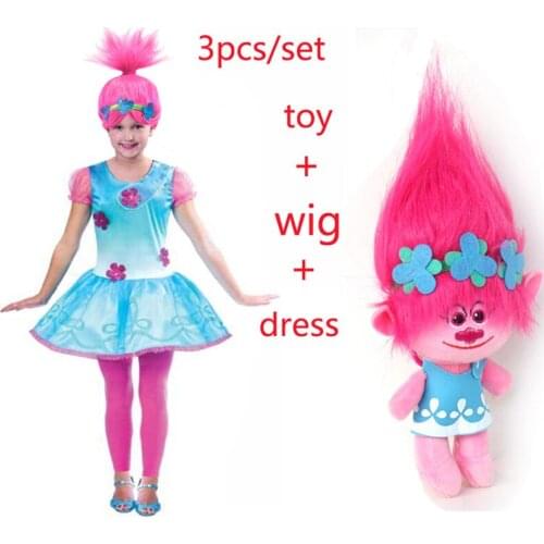 2018 New Cartoon Trolls Dress and wig and toy Summer Children Girls Sleeveless A-Line Dress Girls Princess Dresses Vestido