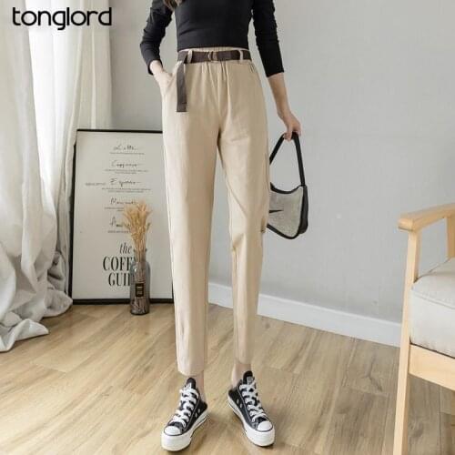 2021 Spring Summer Women Cargo Pant With Belt Female Casual High Elastic Waist Cropped Harem Pants Mujer Pantalon Trousers New