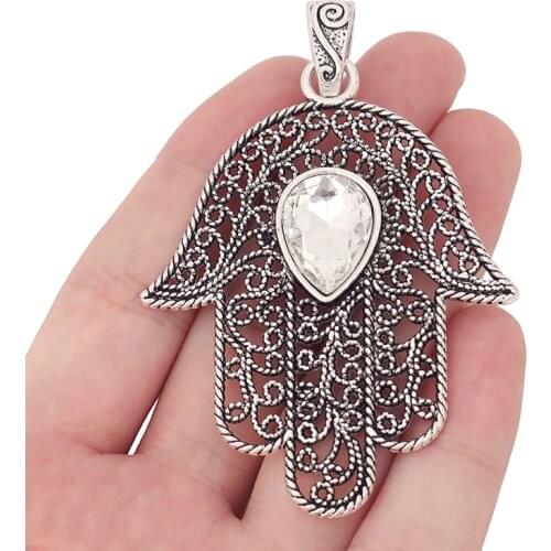 3 x Tibetan Silver Large Hamsa Palm Fatima Hand Charms Pendants with Crystal Rhinestone for Necklaces Jewelry Making 83x55mm