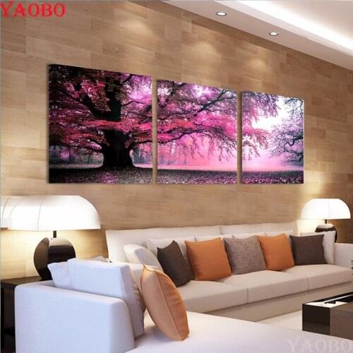 5d diy full square drill diamond painting Purple tree Landscape 3pcs/set Cross Stitch Rhinestone embroidery mosaic painting Home